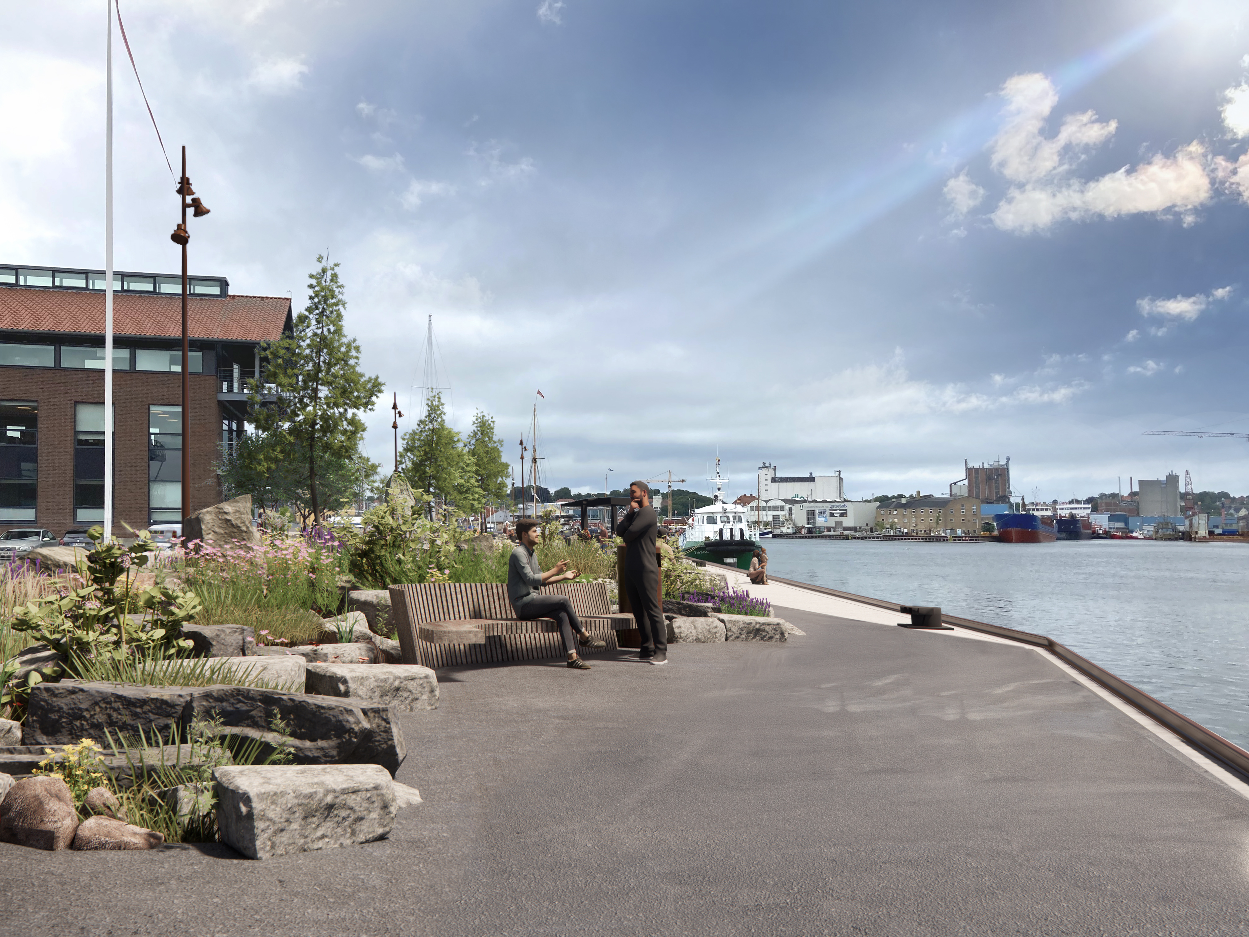 Visualisering af rekreativt byrum ved Gasværkskajen.