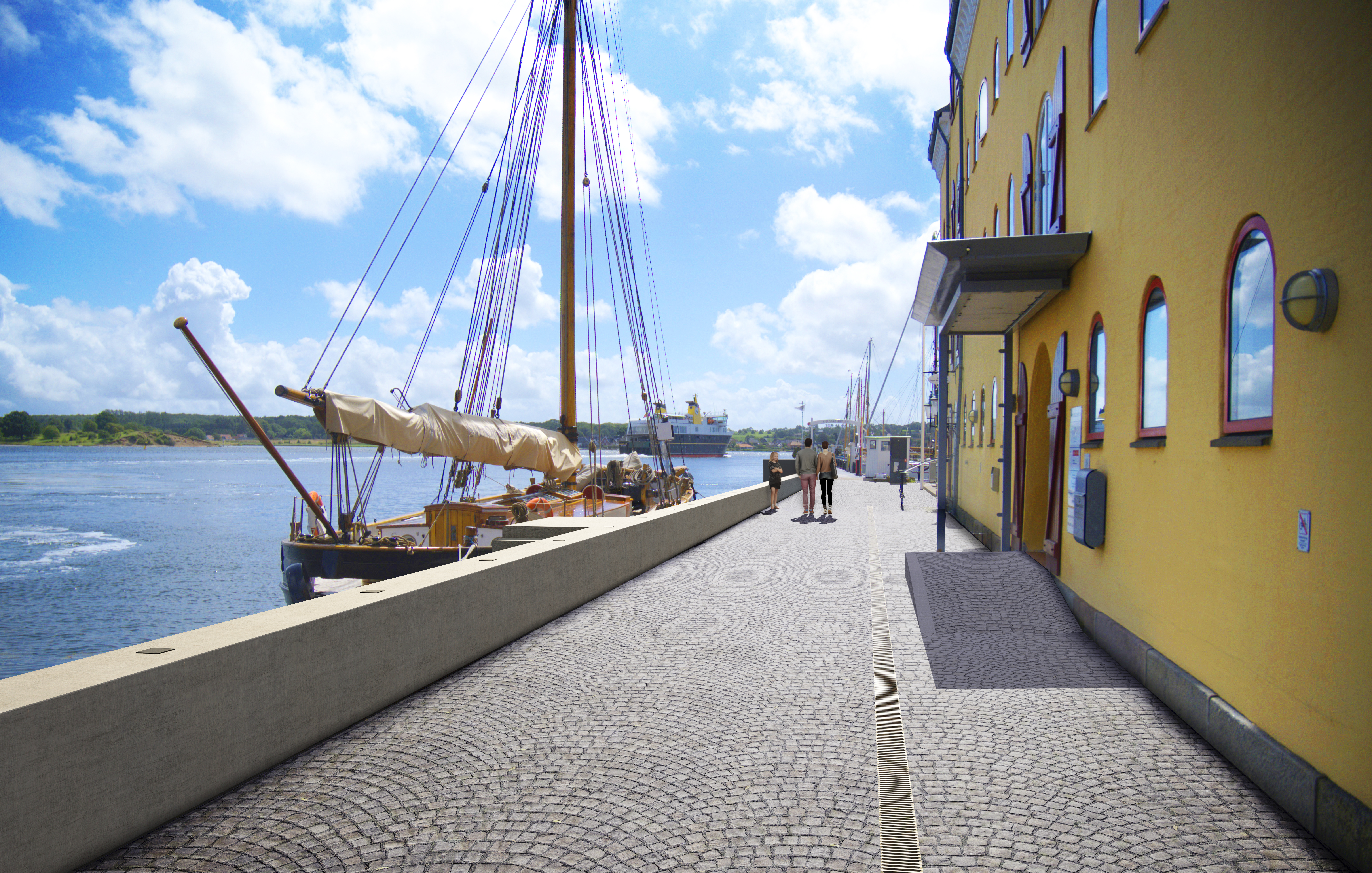 Rendering af området omkring det gule pakhus-